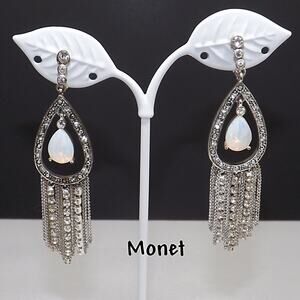 Vintage Monet Faux Opal Dangle Earrings Clear Rhinestones on Silver Tone
